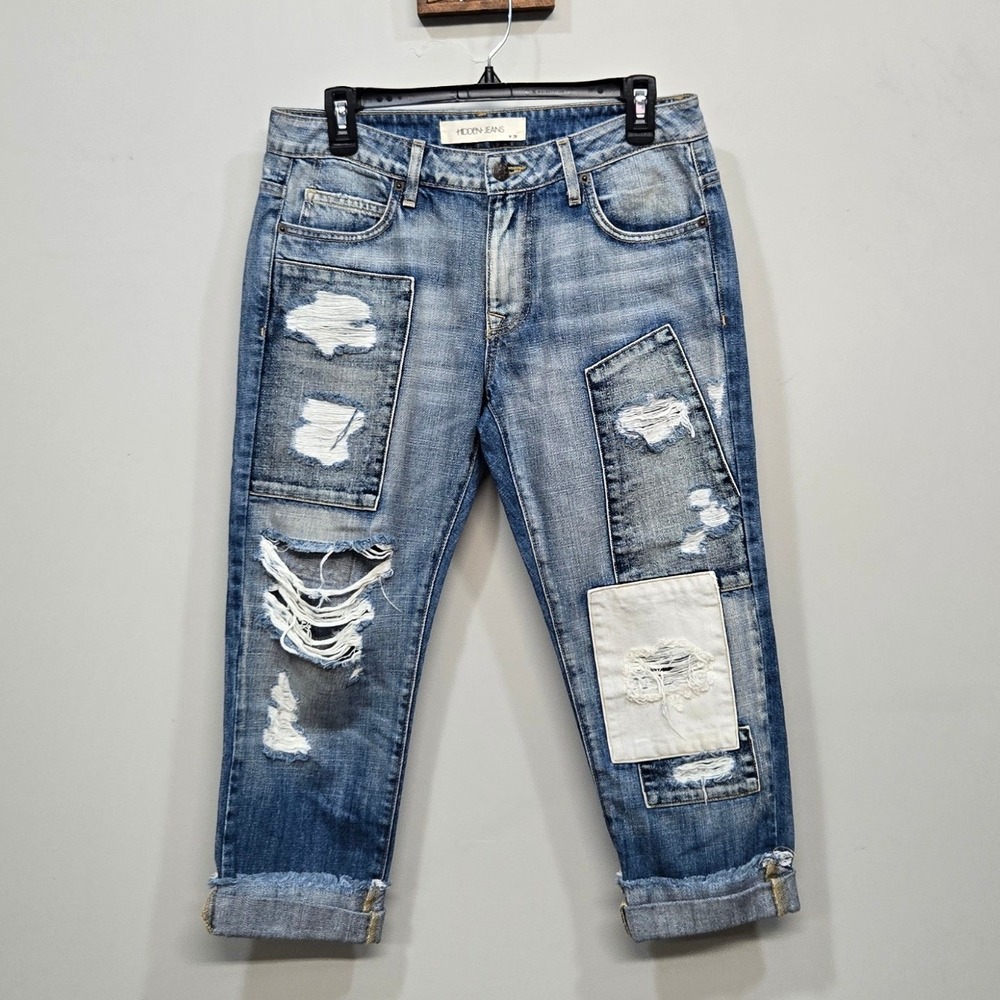 Hidden Jeans Distressed Patchwork Boyfriend Jeans Women Size 26 Blue Denim